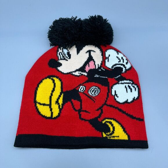 Disney Mickey Mouse Pom‎ Beanie Kids Toddler Winter Cap Hat Red - Picture 1 of 4